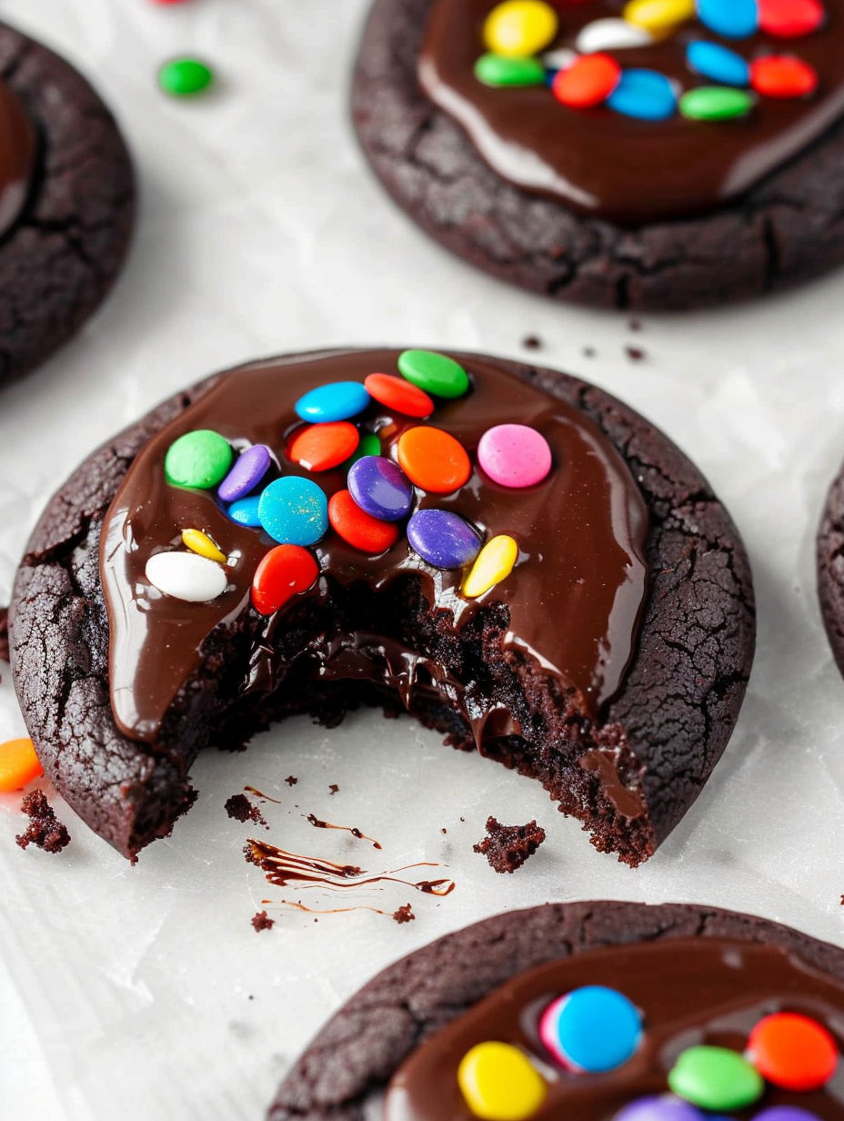 A chocolate cookie with chocolate icing and M&M's.