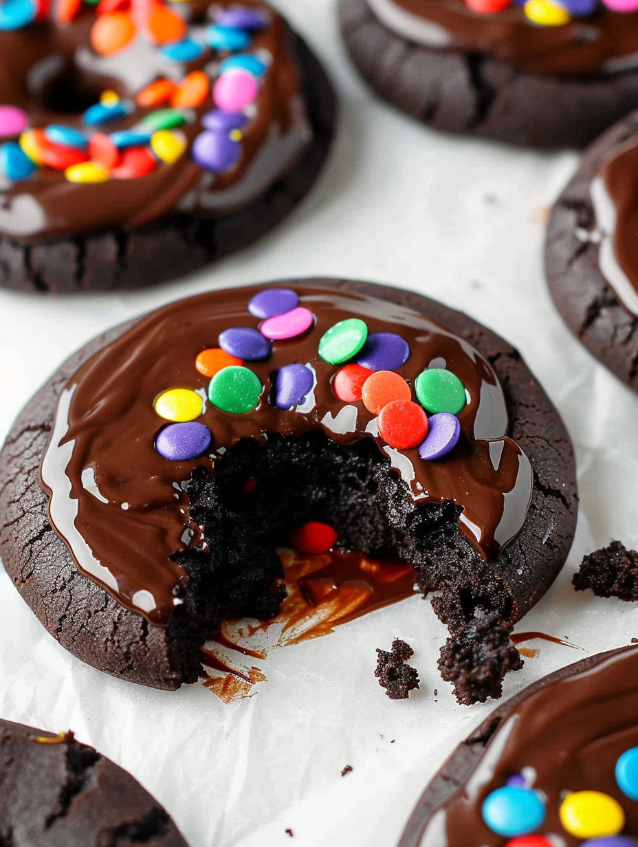 A chocolate cookie with chocolate drizzle and sprinkles.