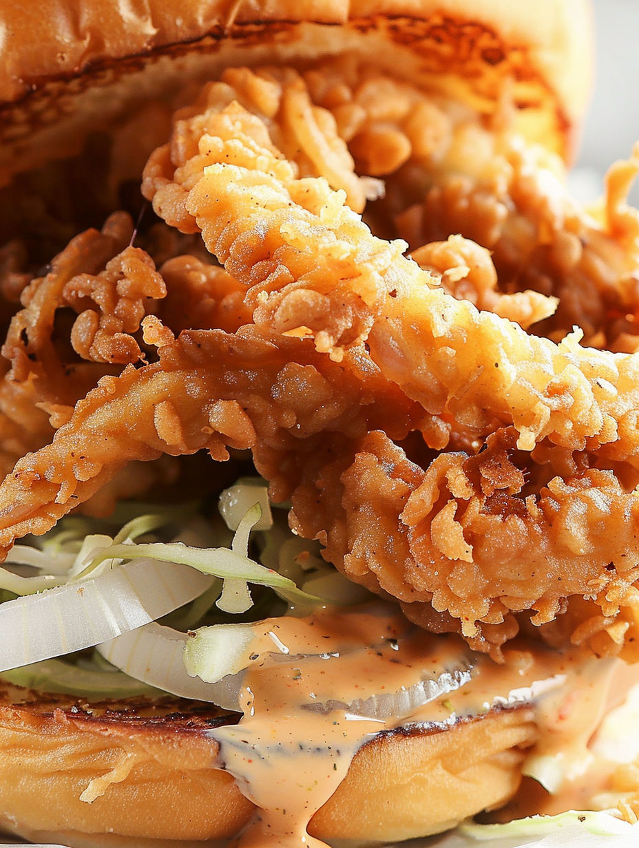 A sandwich with crispy fried onion strings.