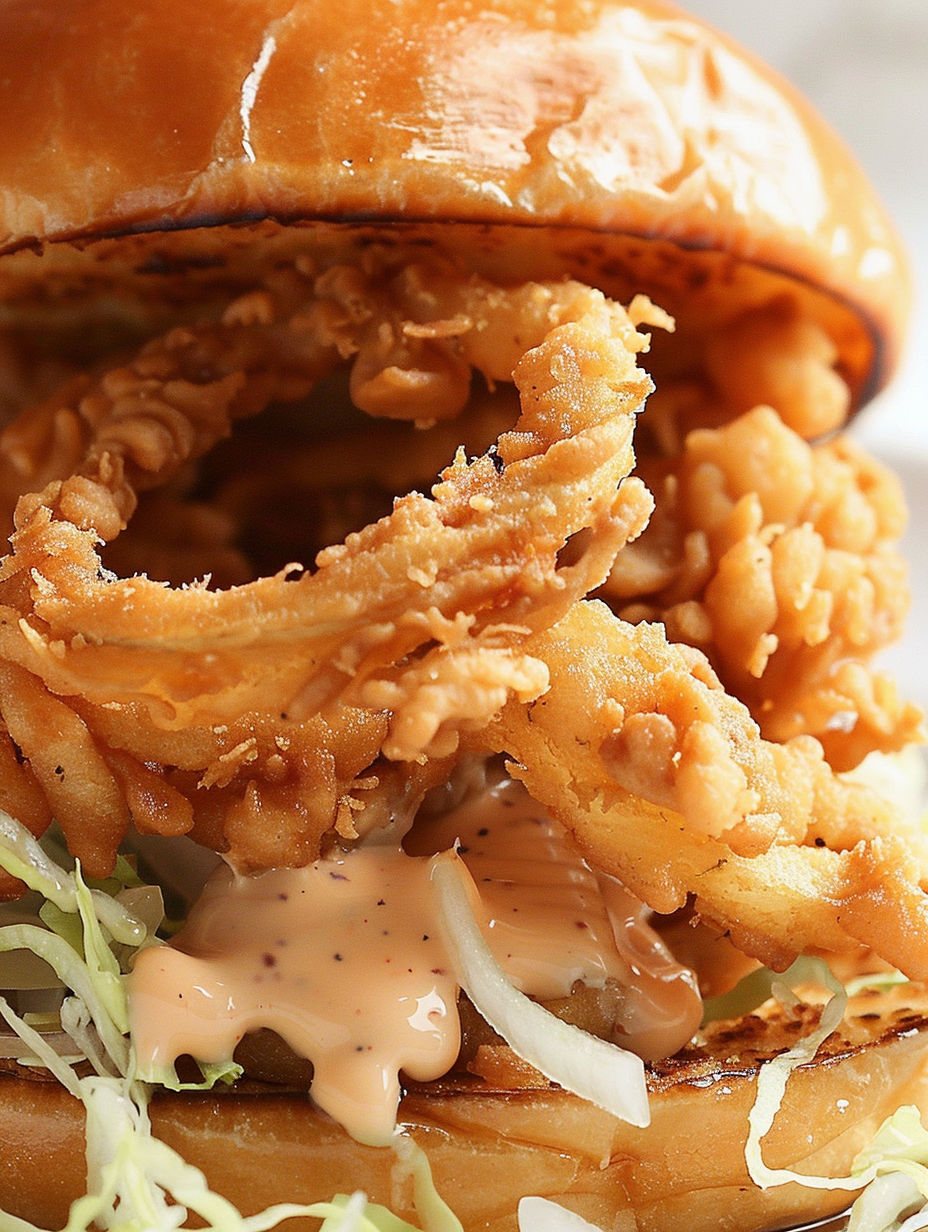 A burger with onion rings on top.
