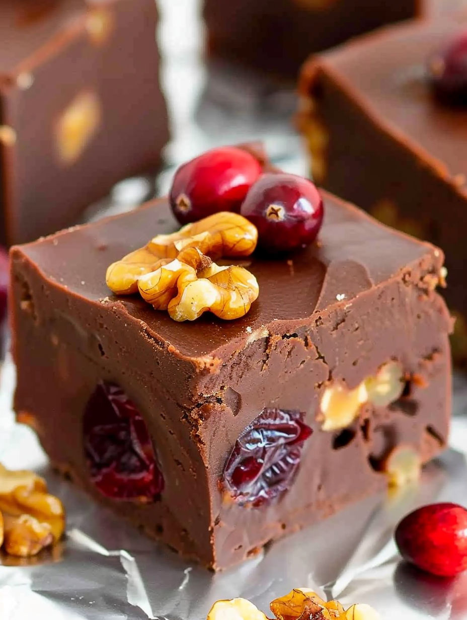 A square of chocolate cake with nuts and berries on top.