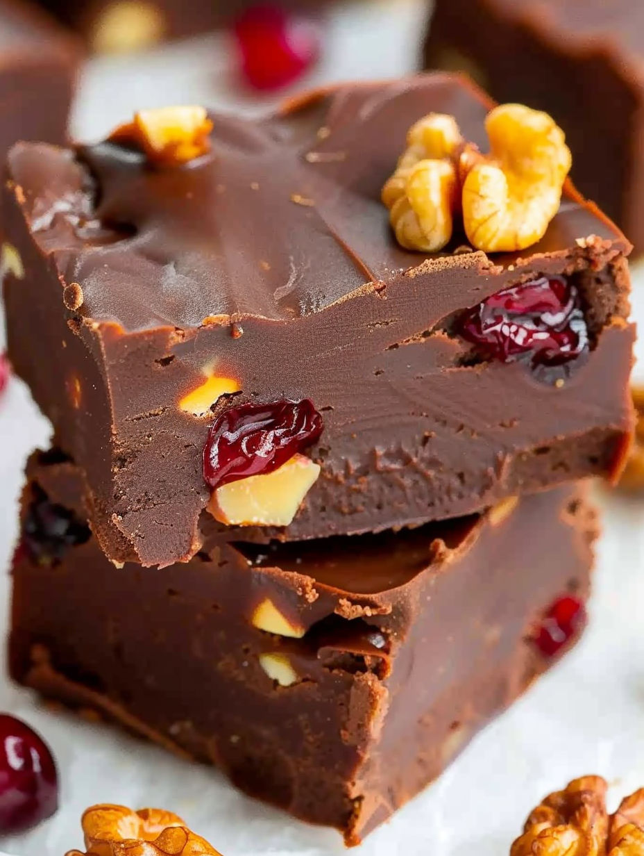A close up of a chocolate dessert with nuts and fruit.