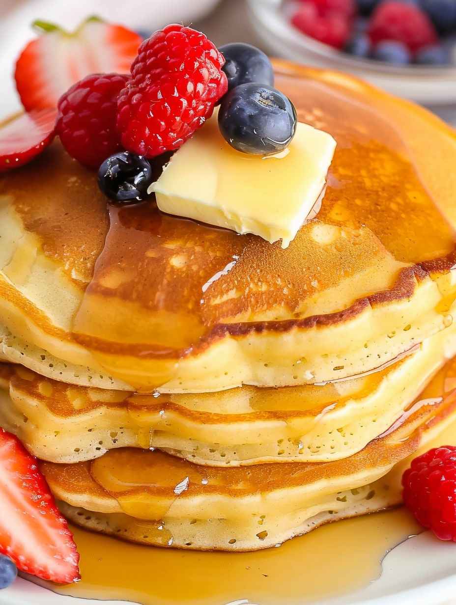 A stack of fluffy pancakes with butter and berries on top.
