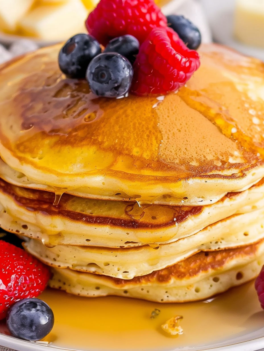A stack of pancakes with blueberries and raspberries on top.