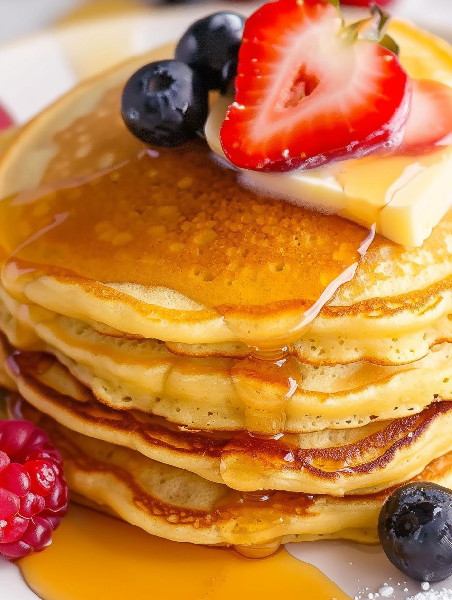 A stack of pancakes with syrup and berries on top.