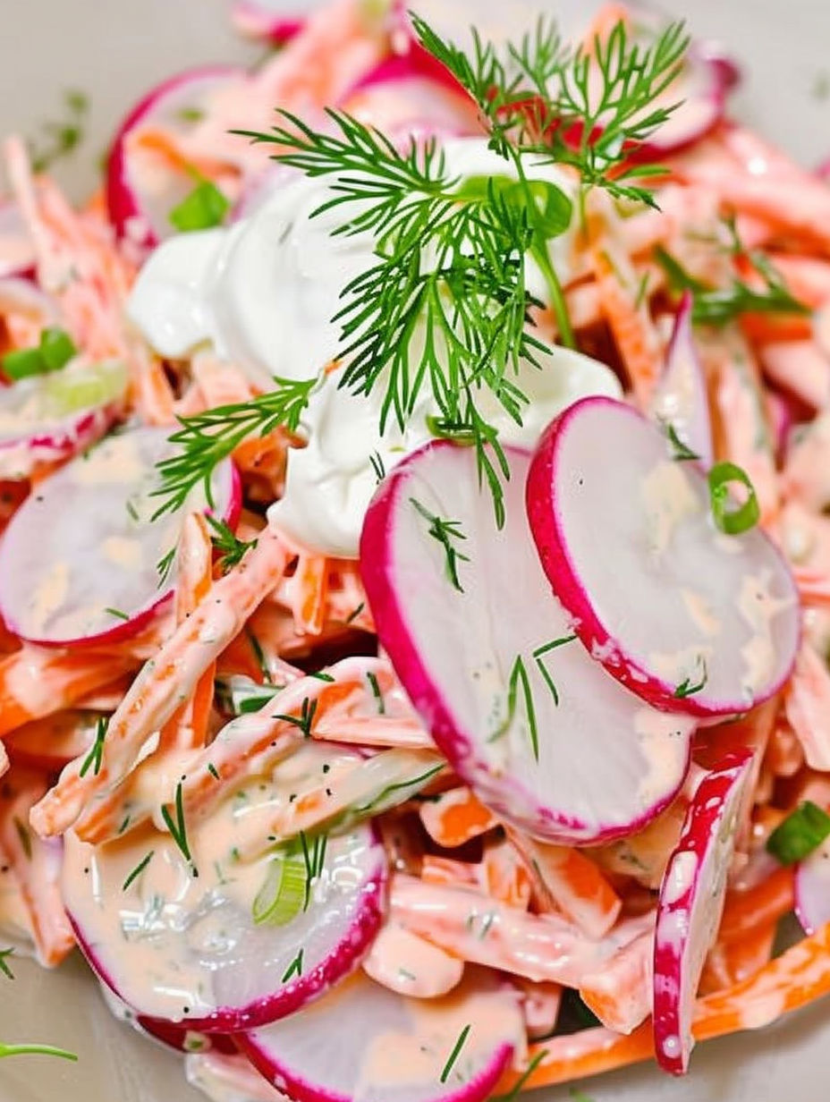 A salad with shredded carrots and white sauce.