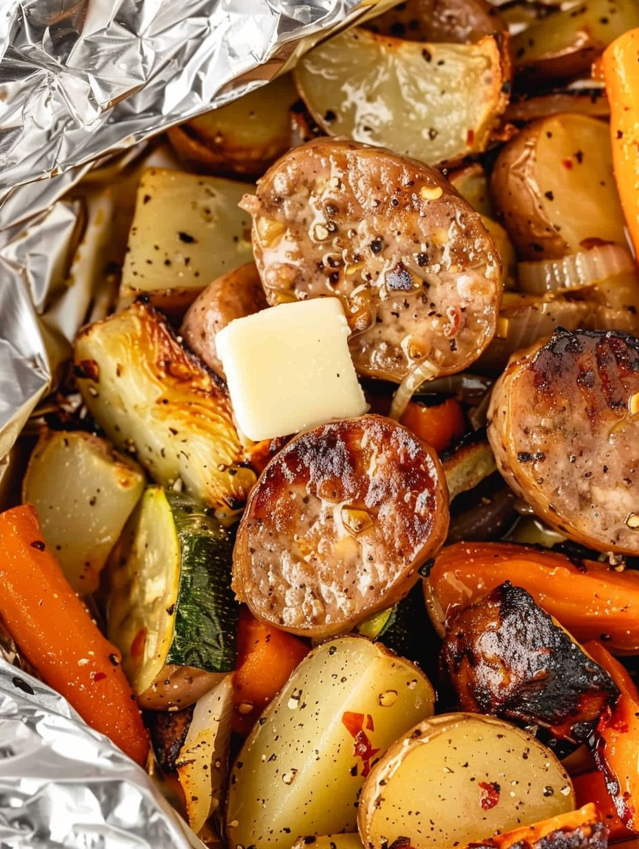 Sausage and vegetables in a foil packet.