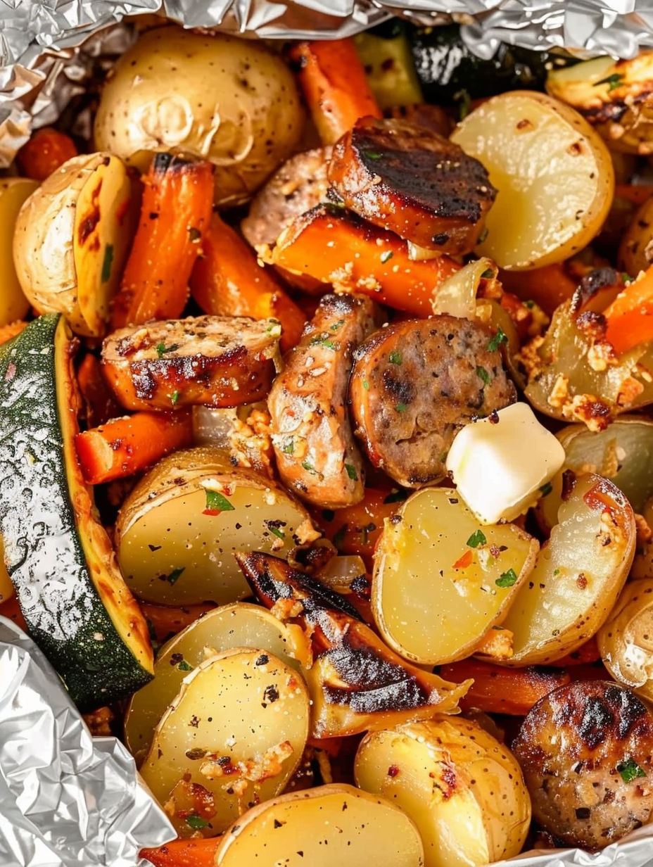 Sausage and potatoes in a foil packet.