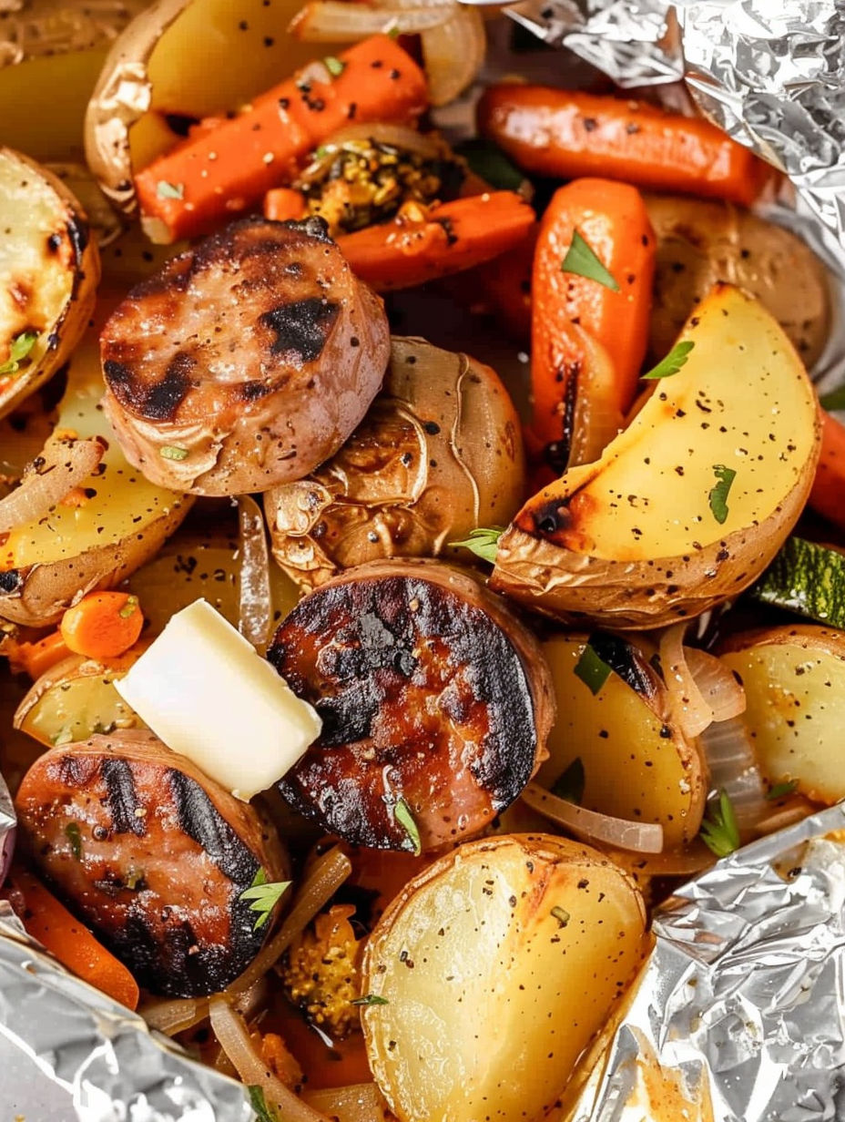 Sausage and vegetables in foil packets.