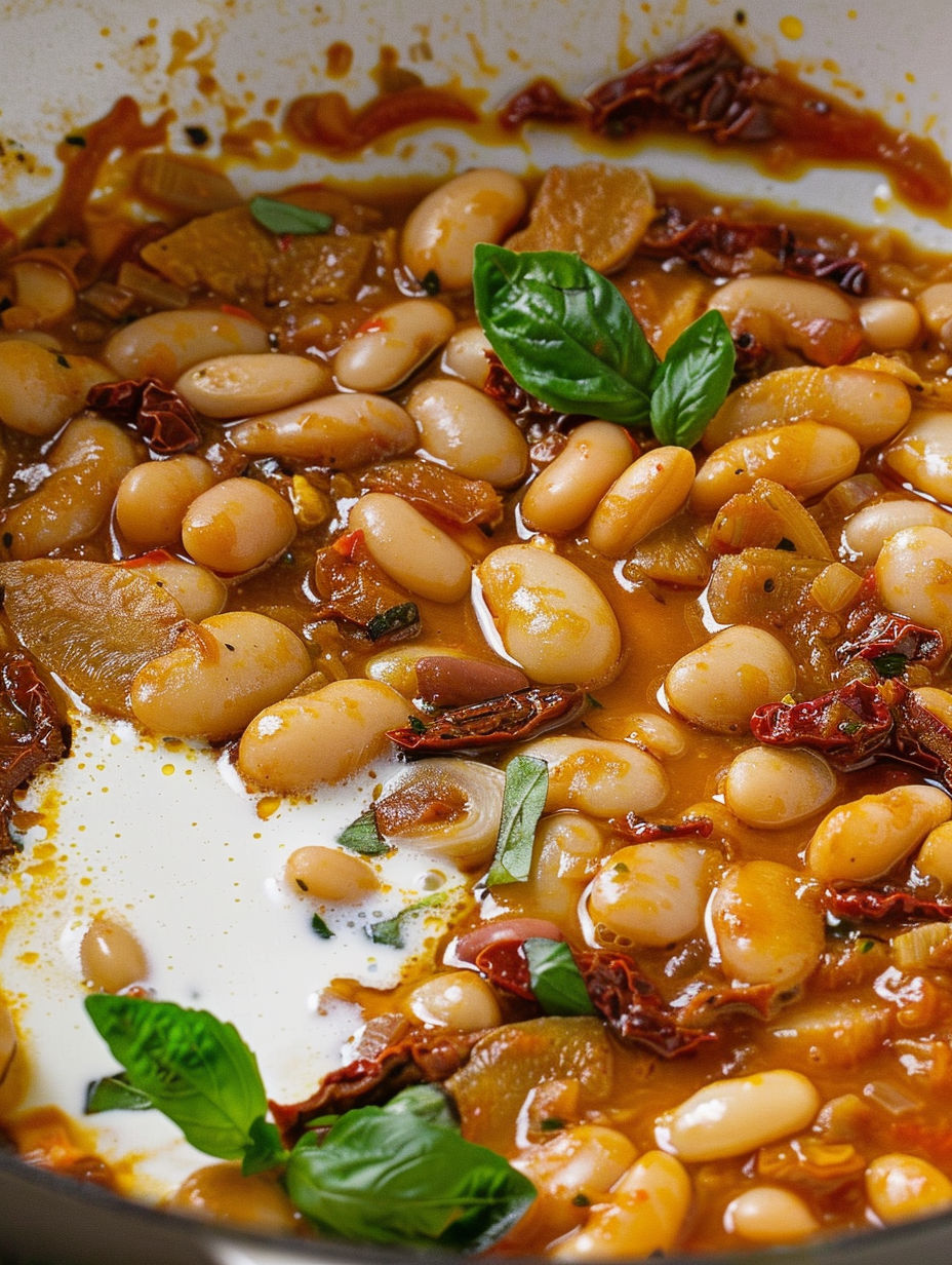 A plate of beans with a leaf on top.