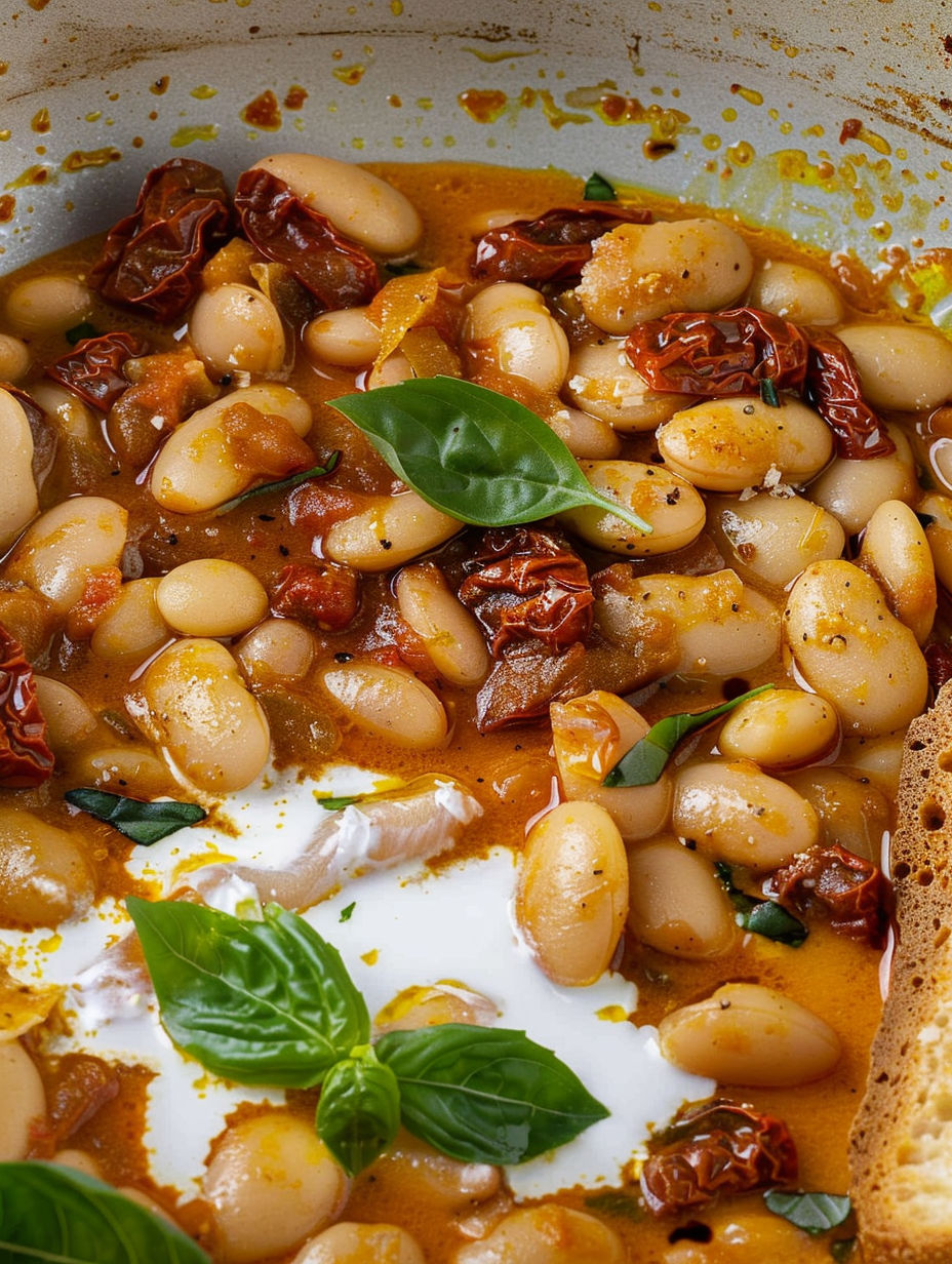A plate of beans with a leaf on top.