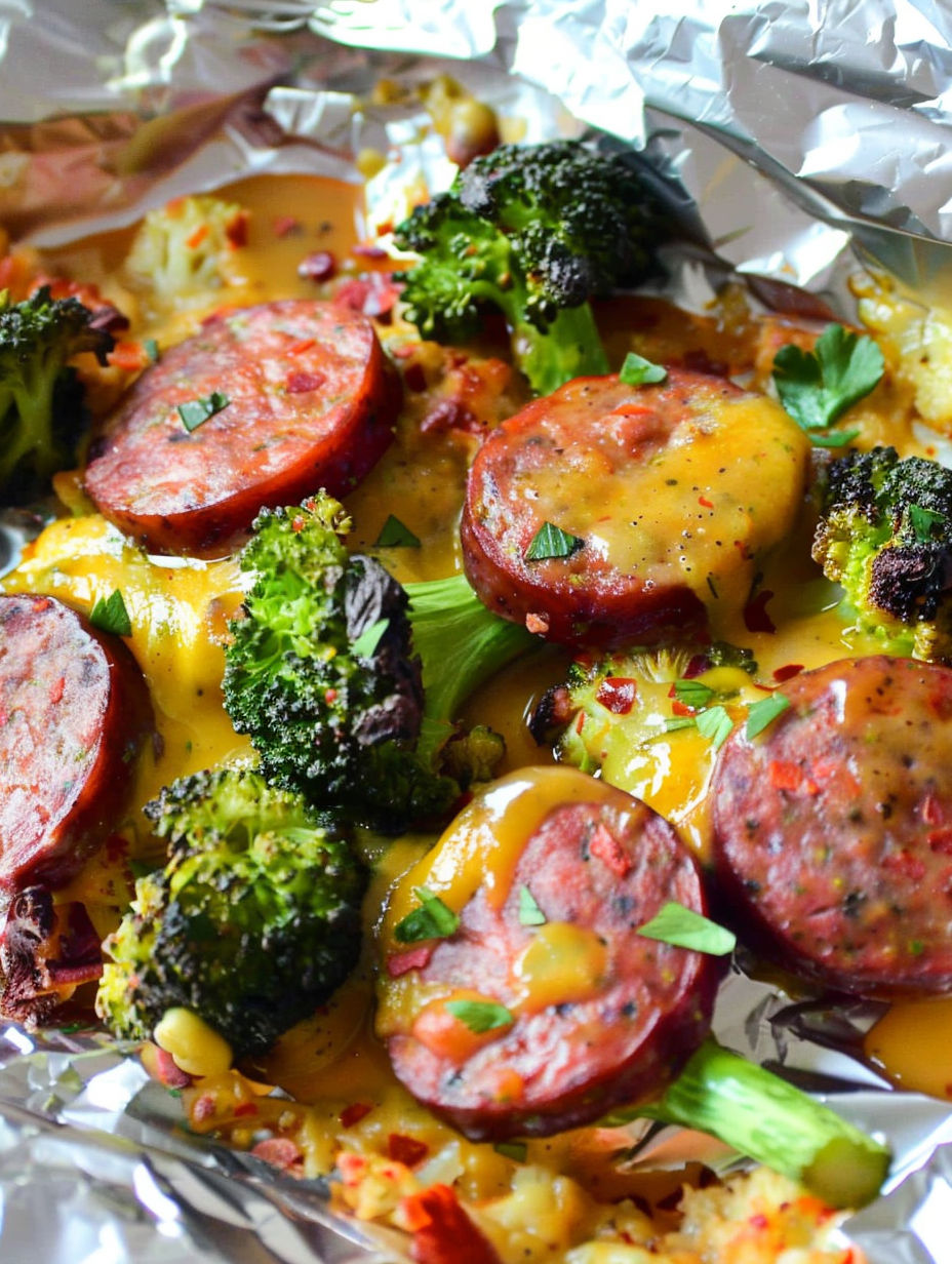 Sausage and broccoli in foil packets.