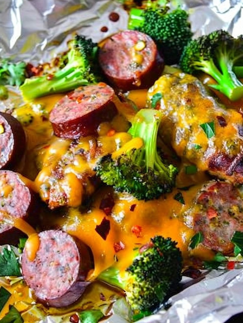 Sausage and broccoli in foil packets.
