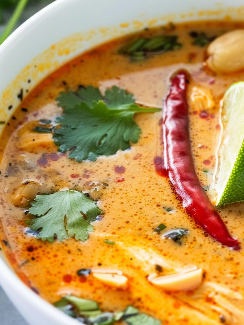 A bowl of Thai chicken soup with a lime wedge on top.
