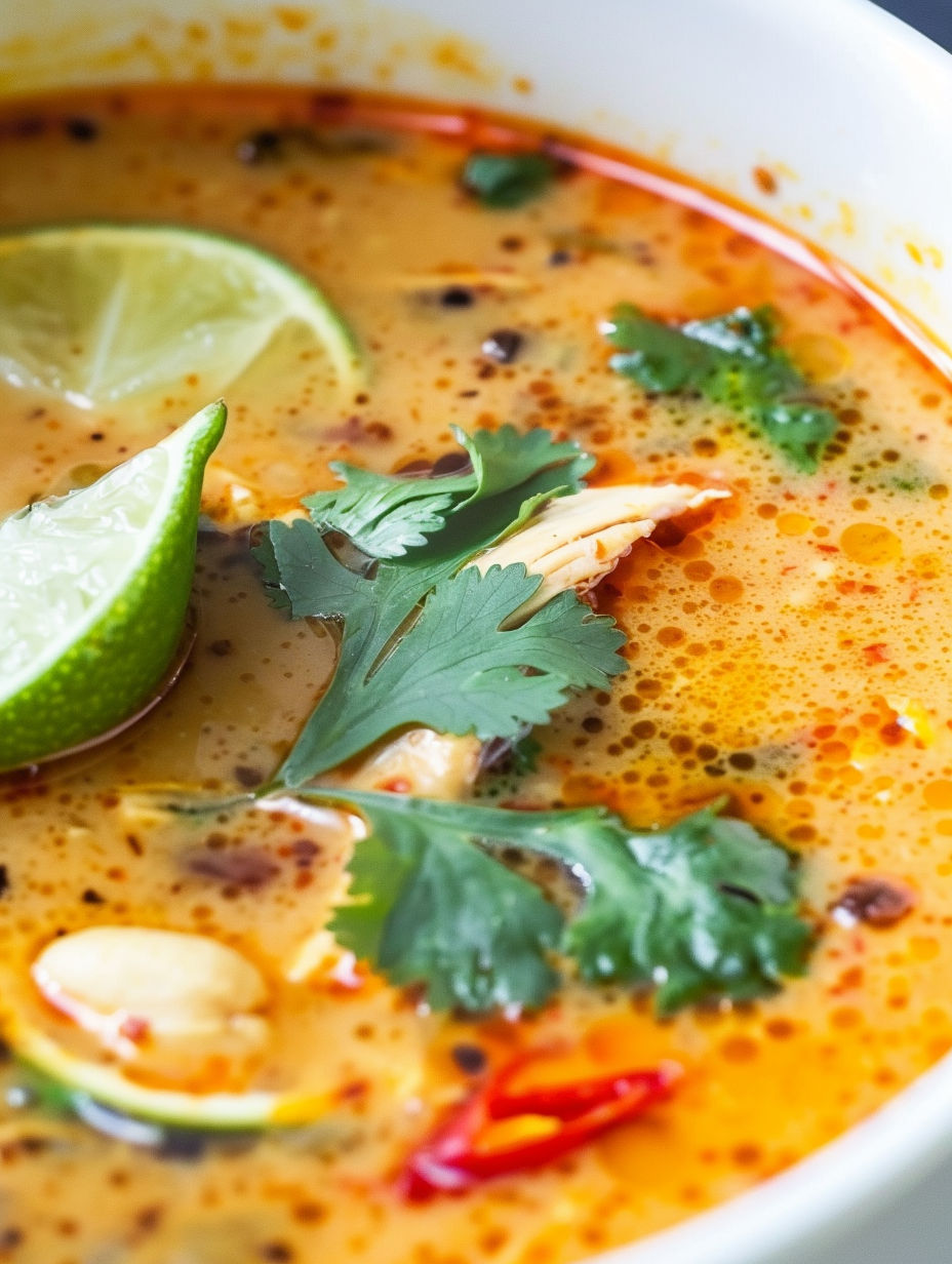 A bowl of Thai chicken soup with lime wedges.