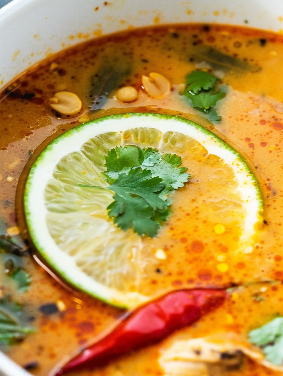 A slice of lime in a bowl of soup.