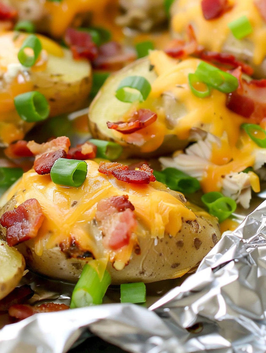 Bacon wrapped chicken and potatoes on foil.