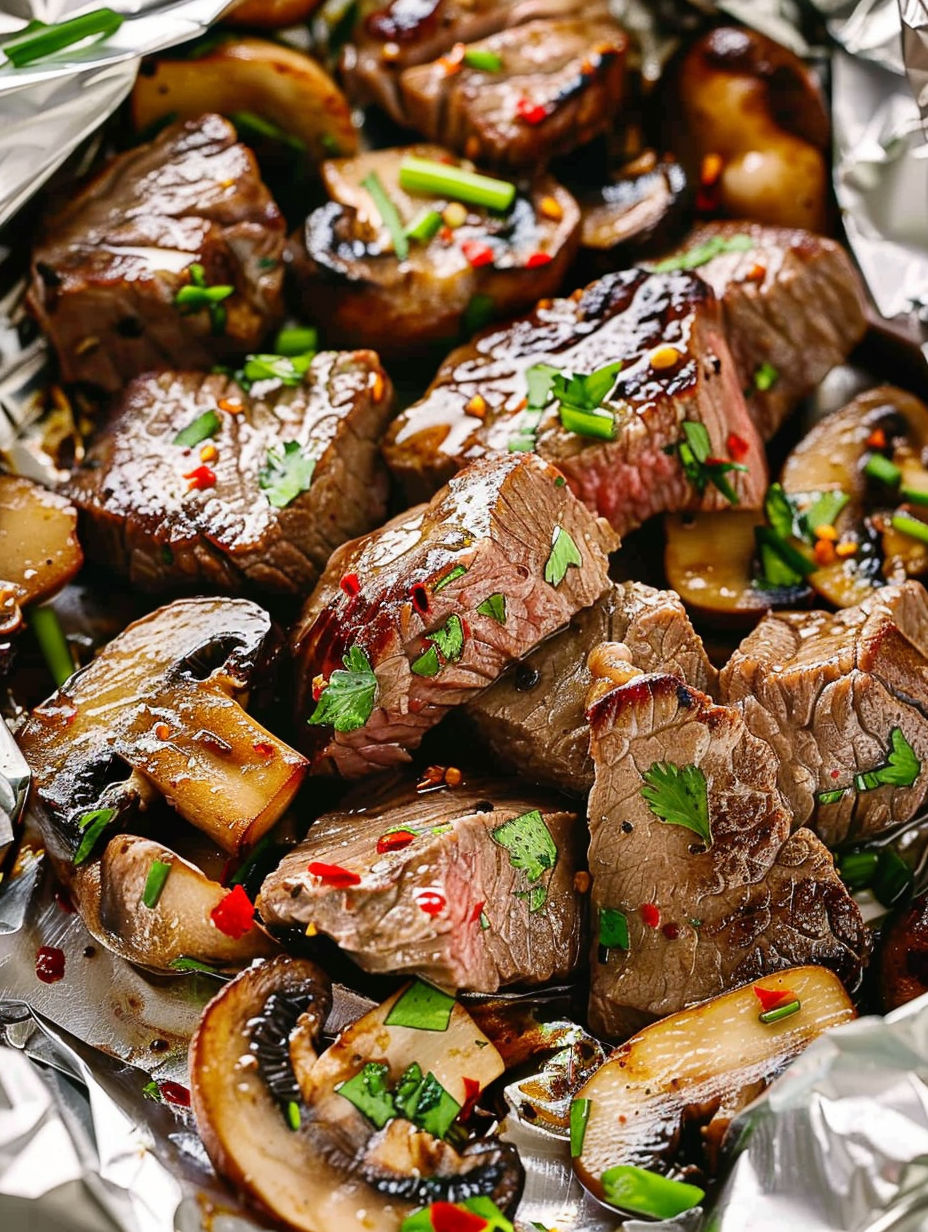 Steak and mushrooms in foil packs.