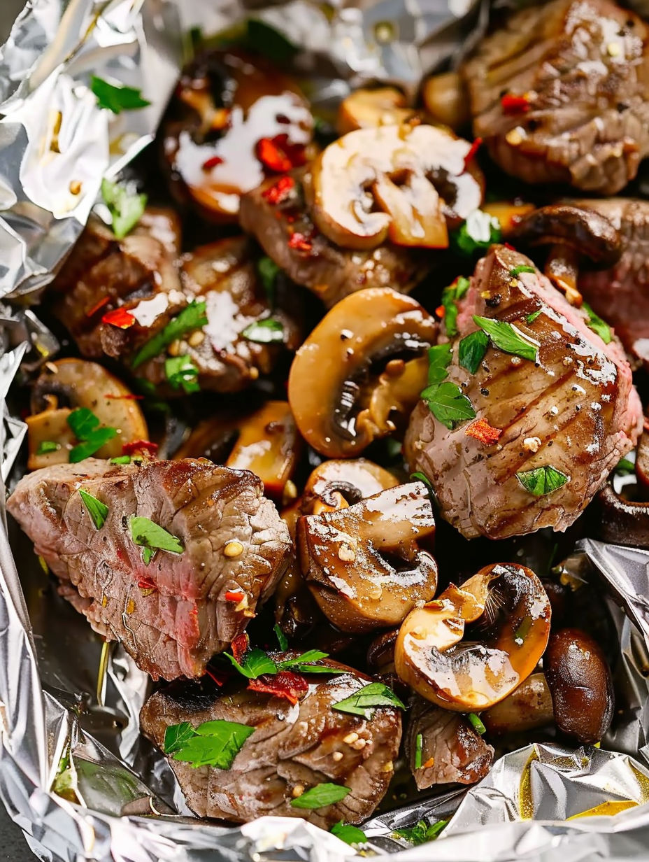 Steak and mushrooms foil packs.