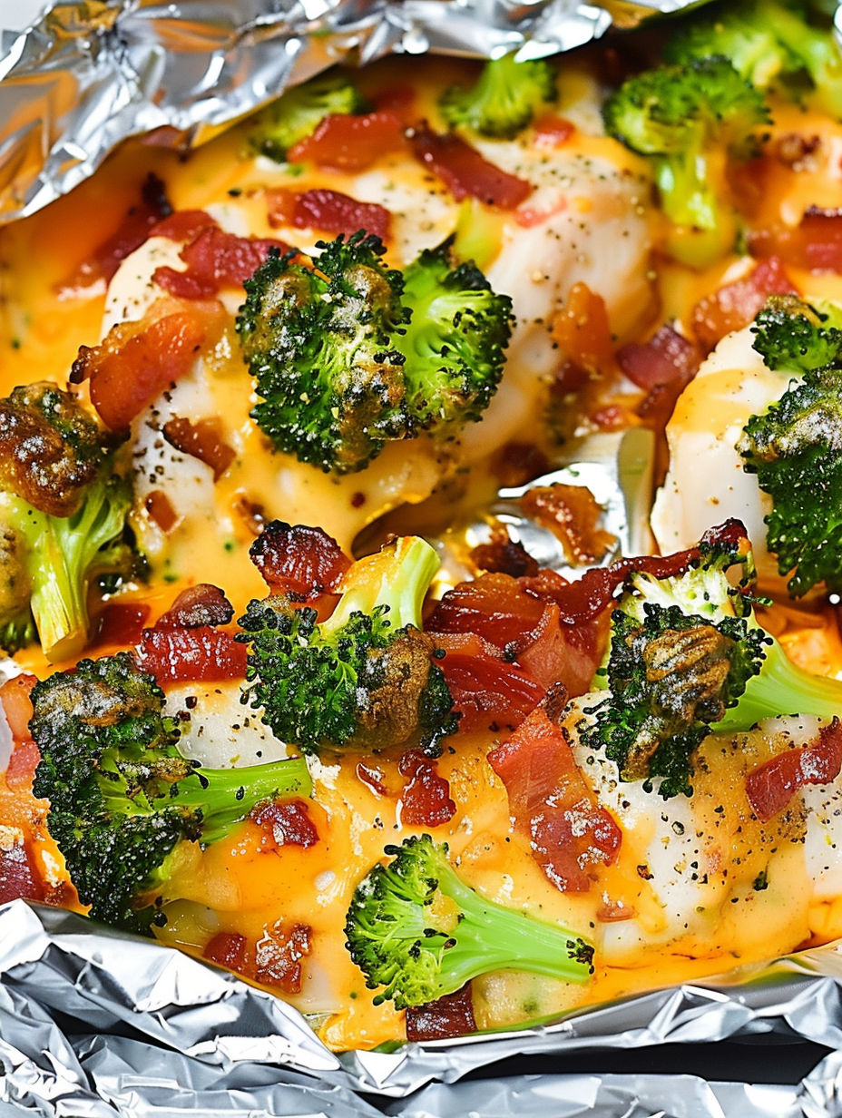 A close up of a delicious keto chicken bacon ranch air fryer foil packet.