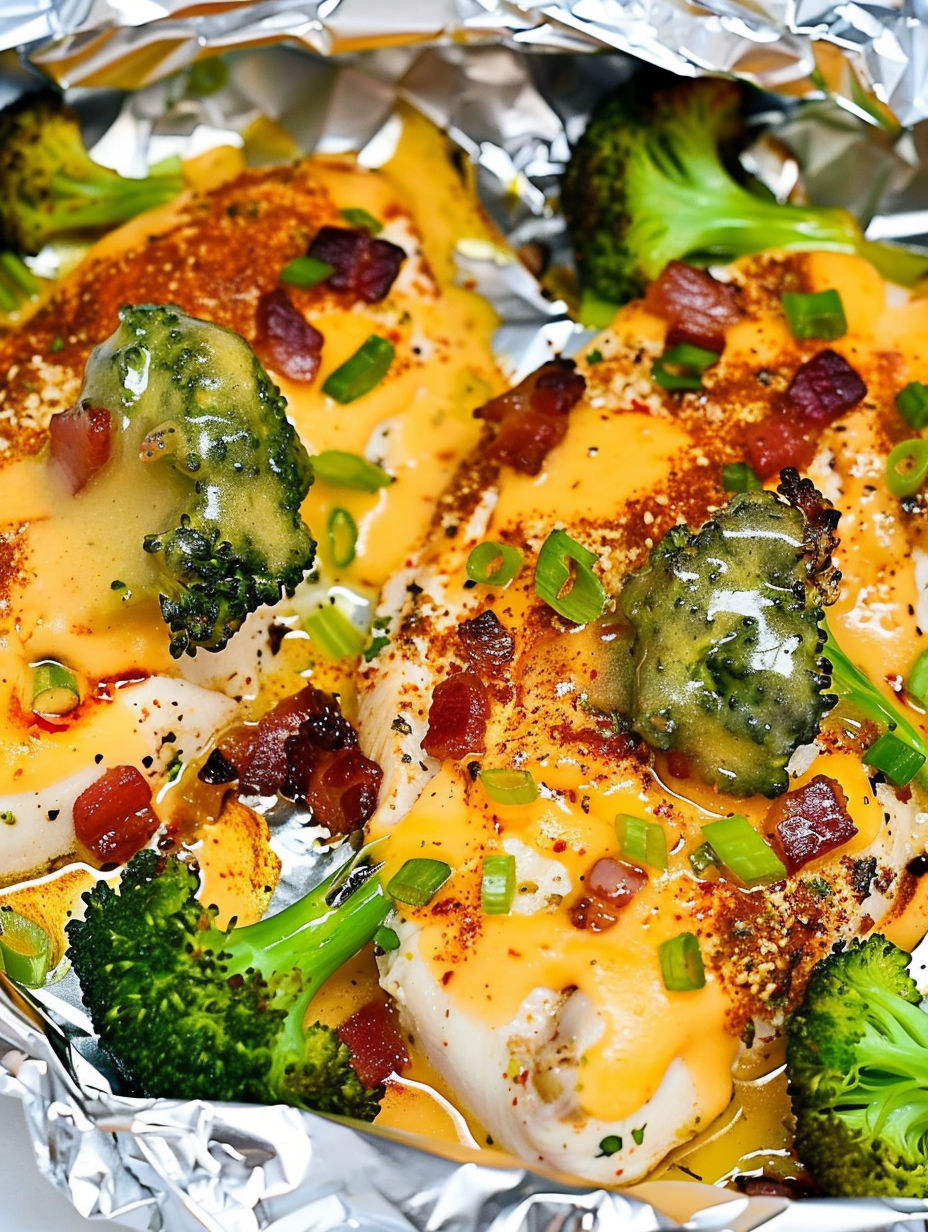 Chicken with bacon and cheese in a foil packet.
