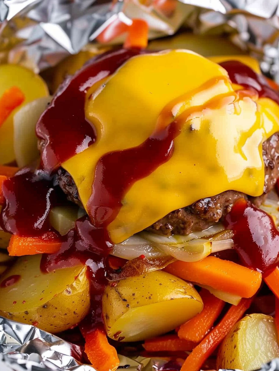 A burger with cheese and ketchup on a foil packet.