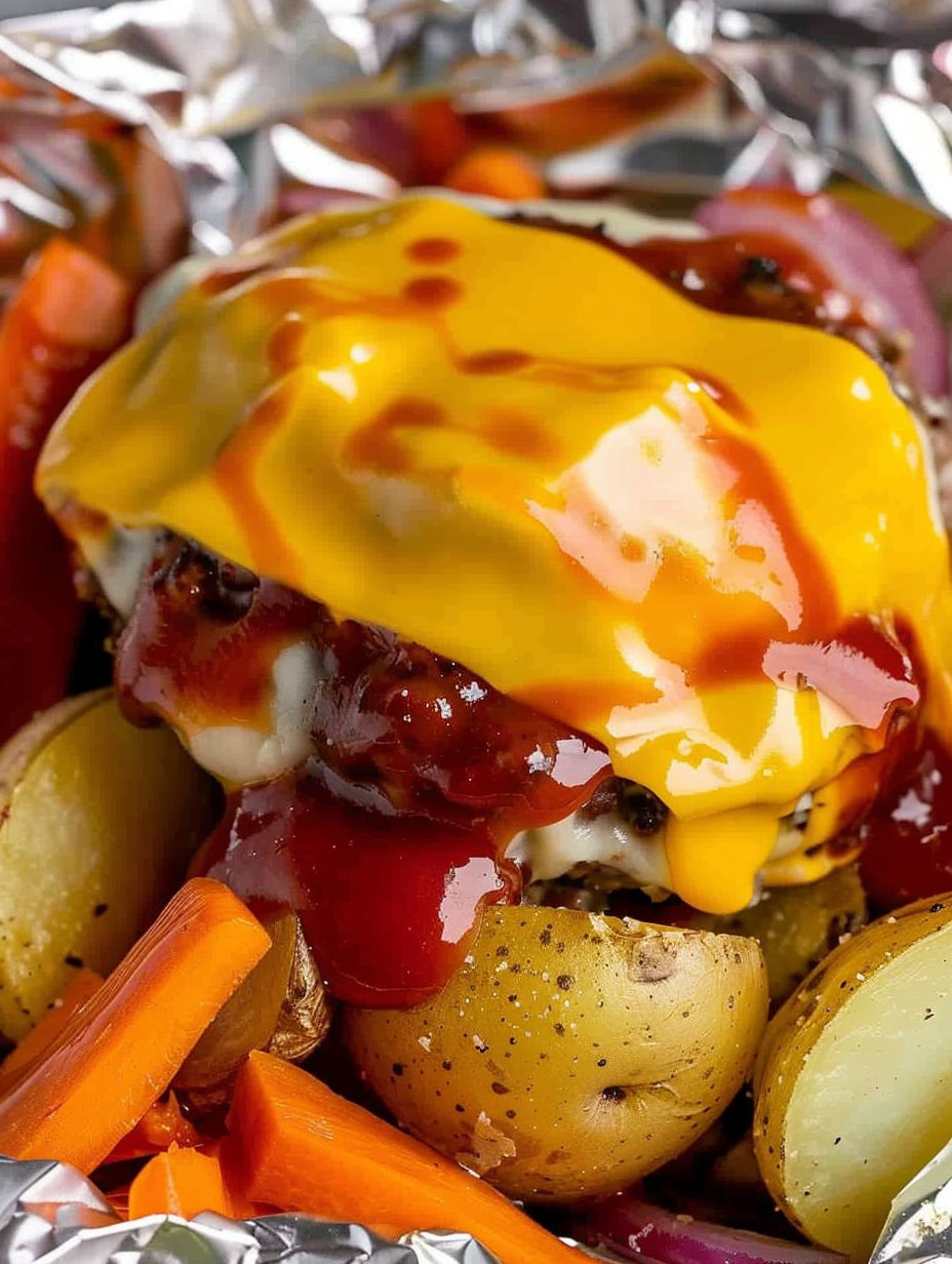 A burger with cheese and ketchup on a foil packet.