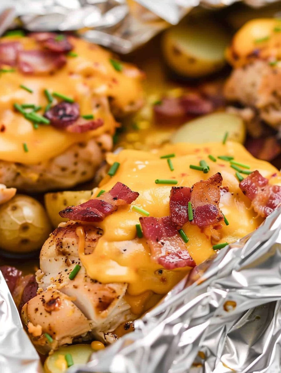 Chicken foil packets with cheese and bacon.