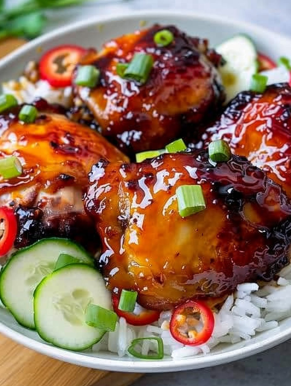 Chicken thighs with a sweet chili sauce.