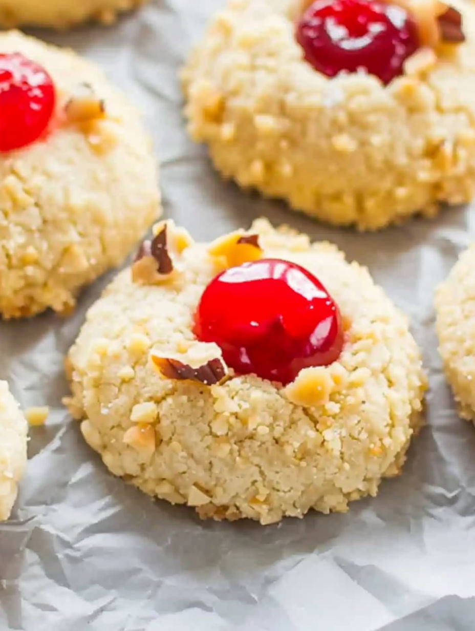 A cookie with a cherry on top.