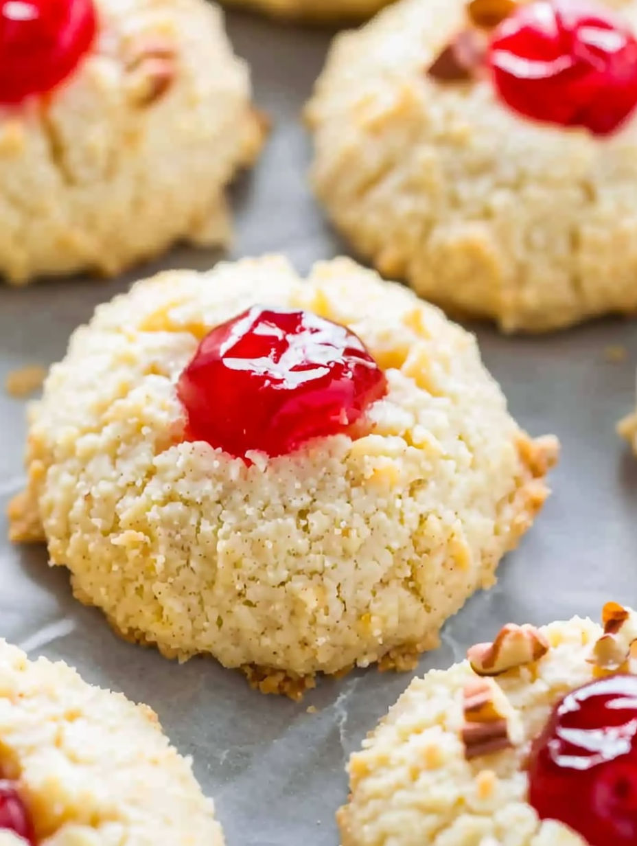 A cookie with a cherry on top.