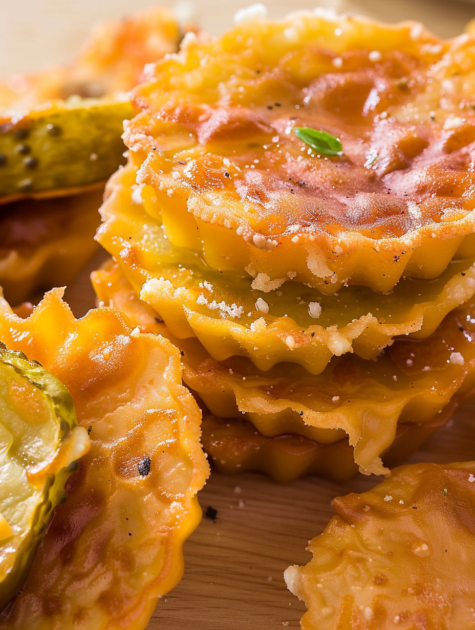 A stack of air fryer cheddar ranch pickle chips.