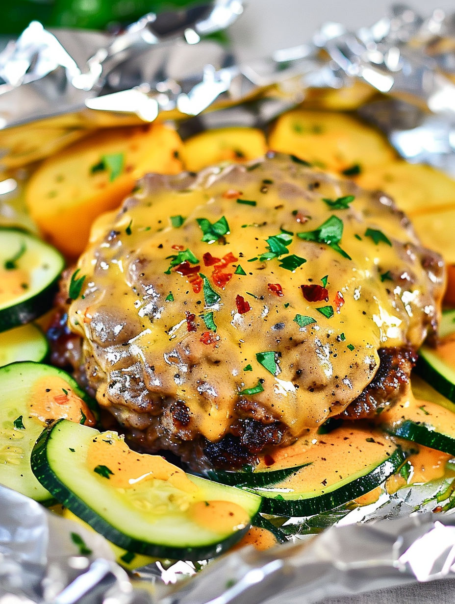 A cheeseburger with a slice of zucchini on top.