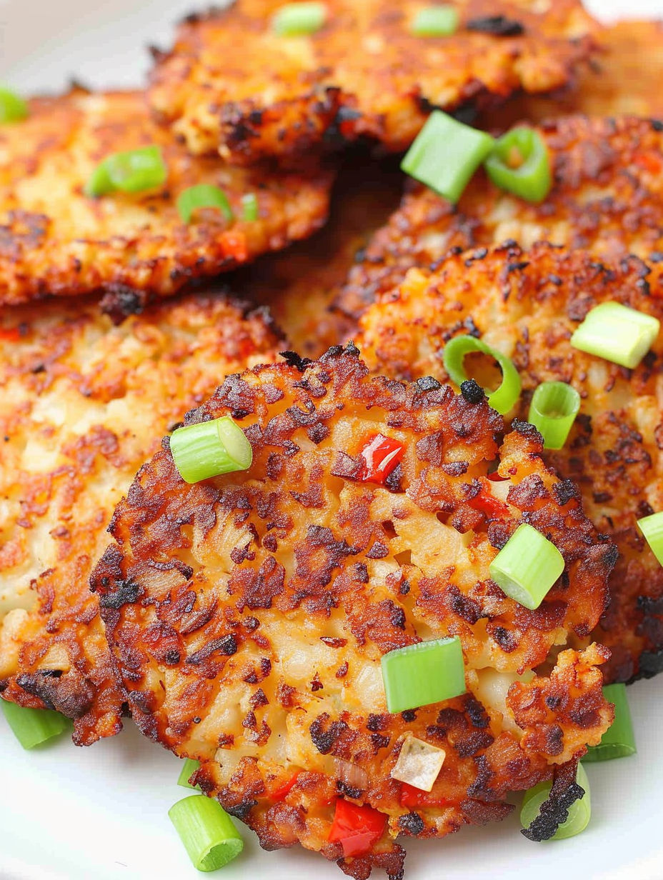 A close up of a delicious looking air fryer cauliflower hash browns.