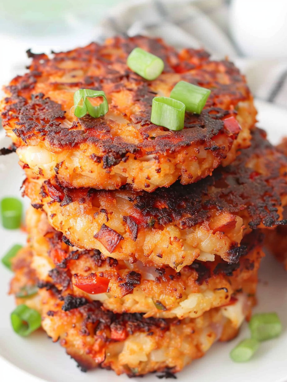 A stack of air fryer cauliflower hash browns.