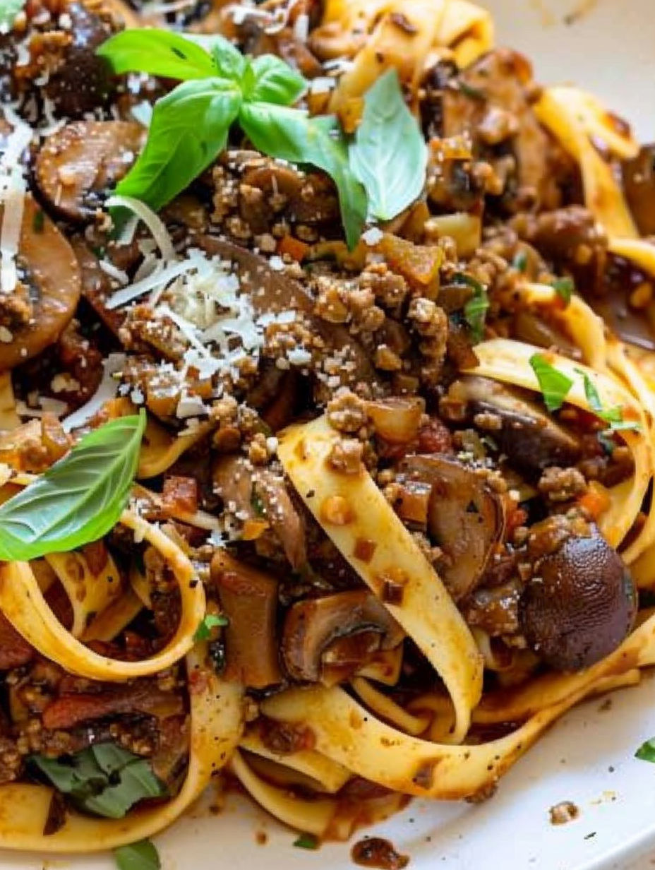 A plate of mushroom ragu with pasta.