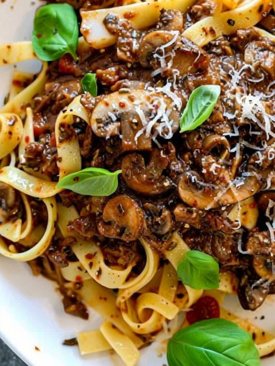 A plate of mushroom ragu with pasta.