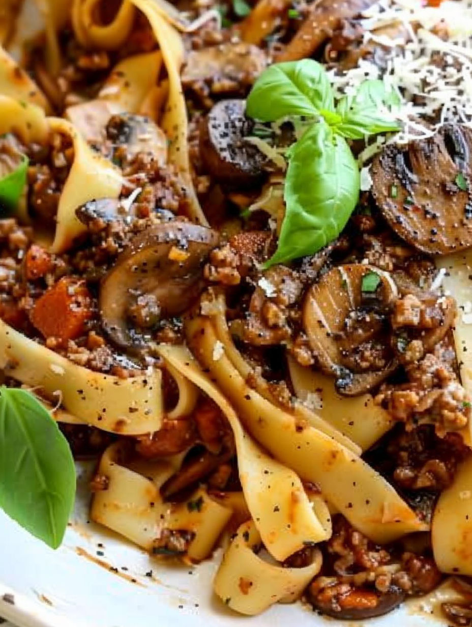 A plate of pasta with mushrooms and sauce.