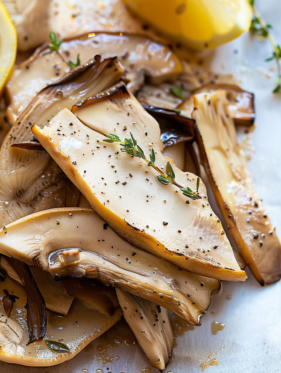 A plate of cooked mushrooms with lemon thyme.