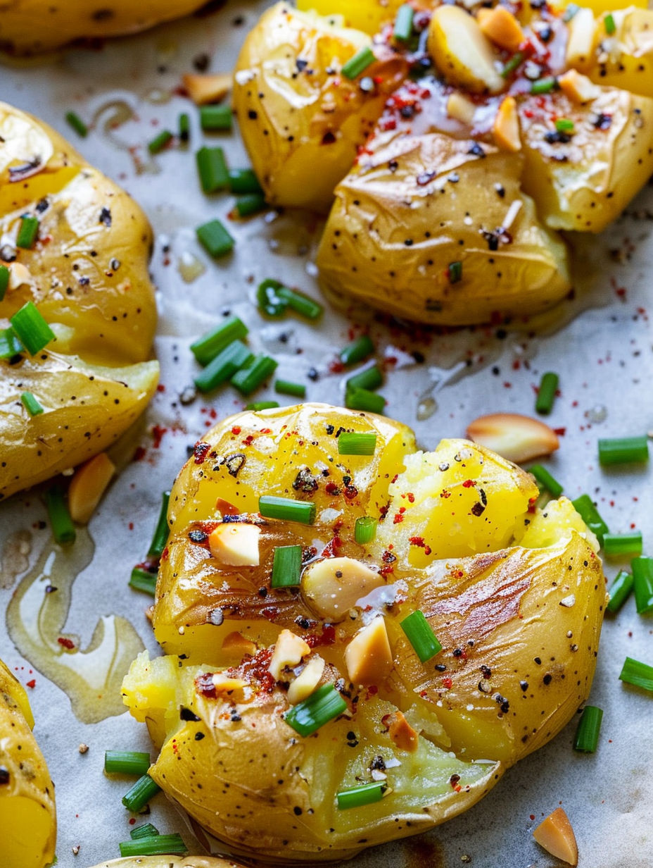 A plate of garlic smashed potatoes.