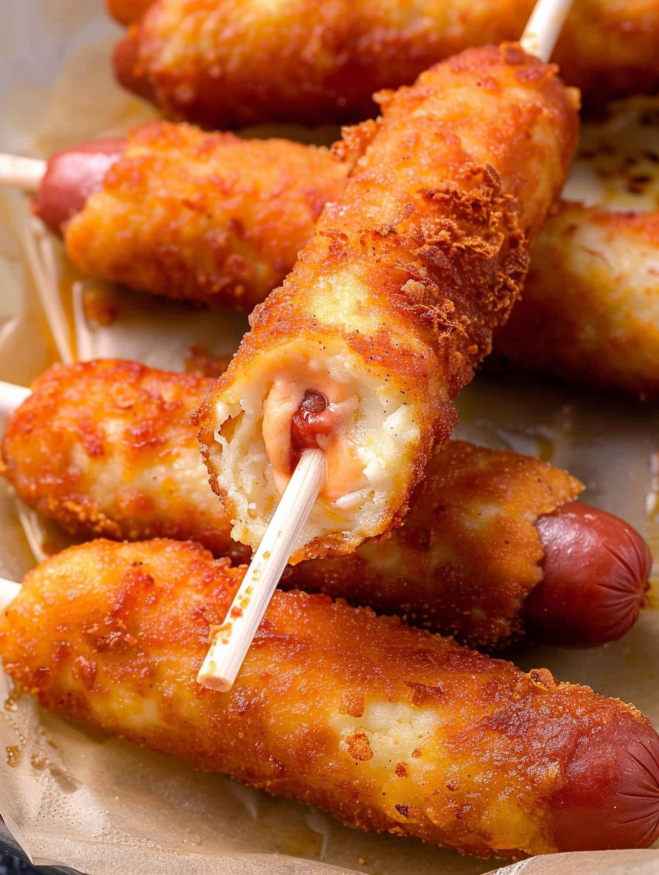 A close up of a corn dog on a stick.