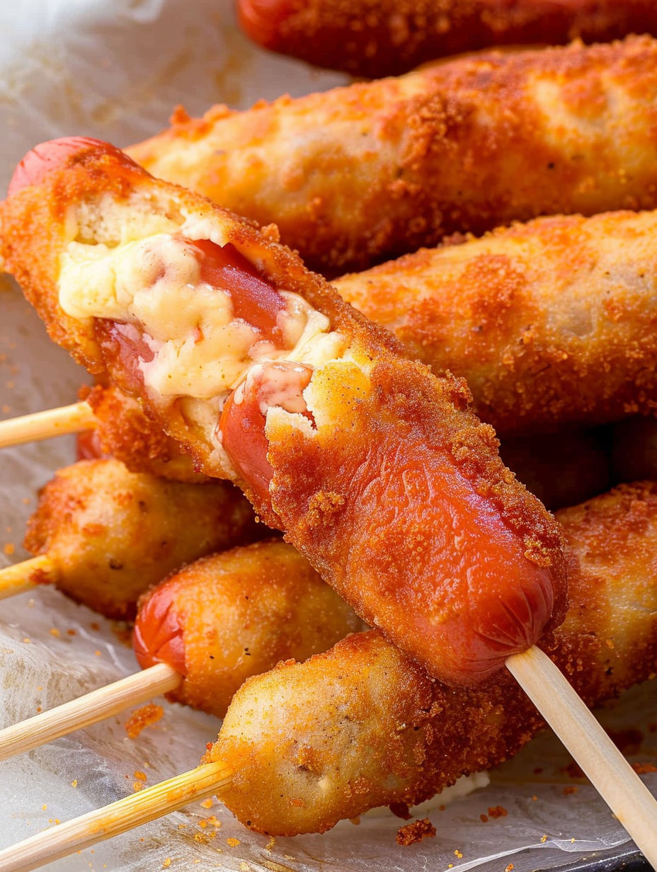 A plate of corn dogs with cheese and tomato.