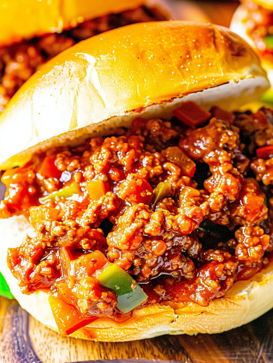 A sloppy joe sandwich with a bun and a green pepper.