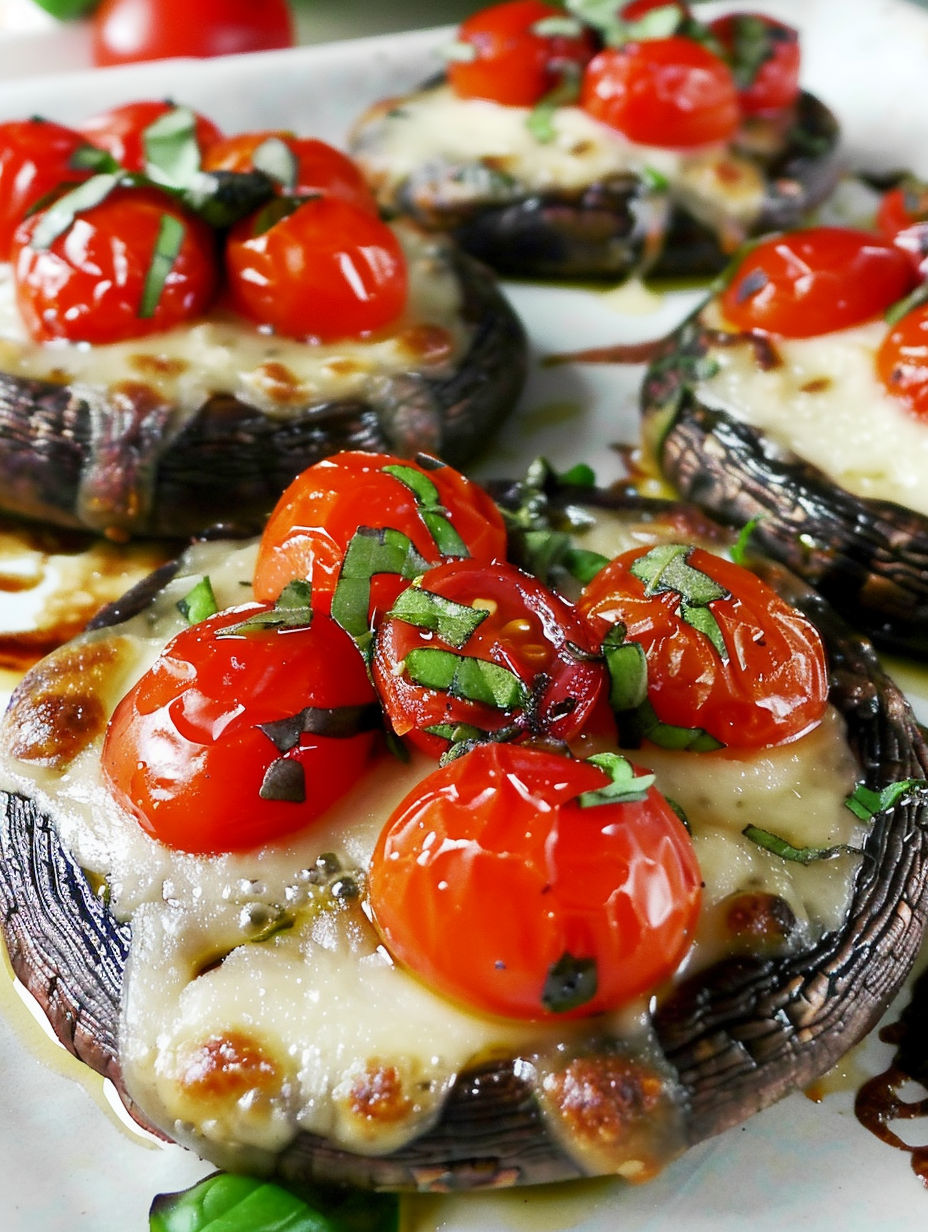 Caprese style portobellos with tomatoes and basil.