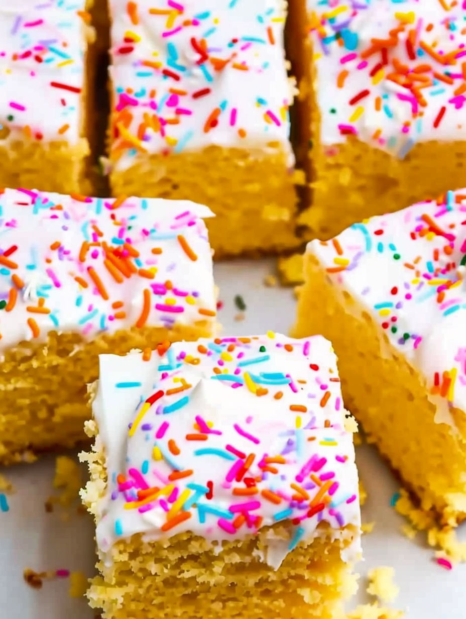 A piece of cake with sprinkles on a plate.