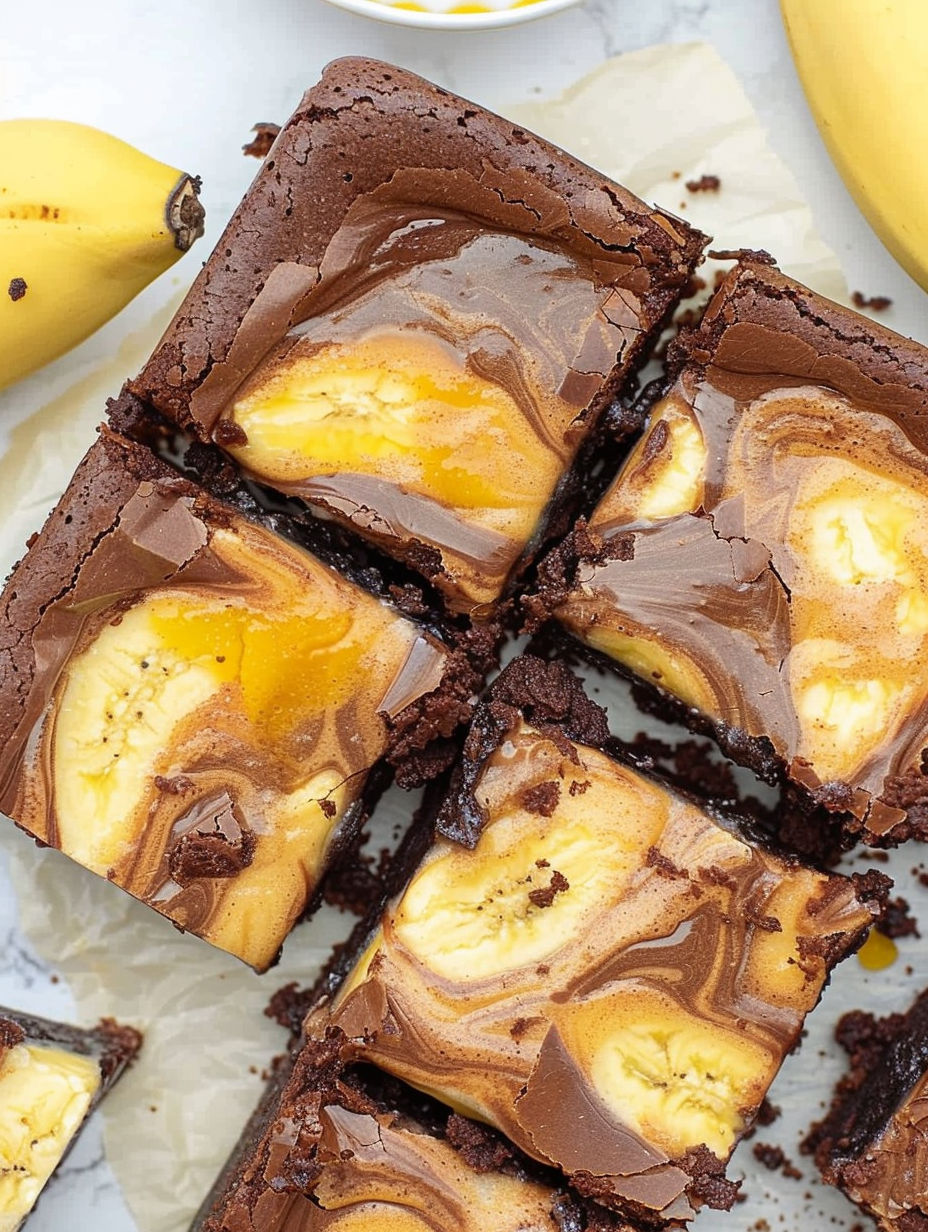 A square of chocolate cake with bananas on top.