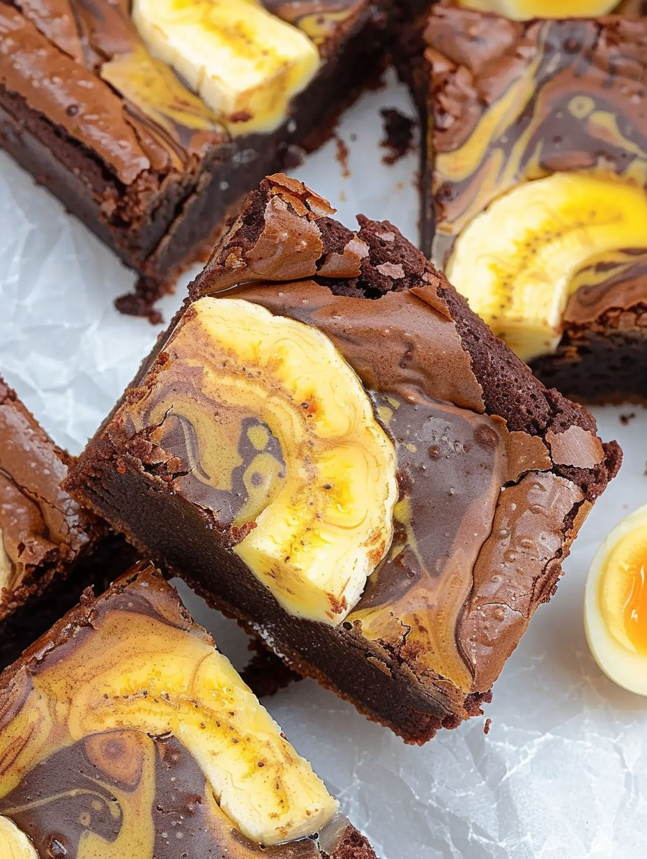 A close up of a chocolate brownie with banana slices on top.