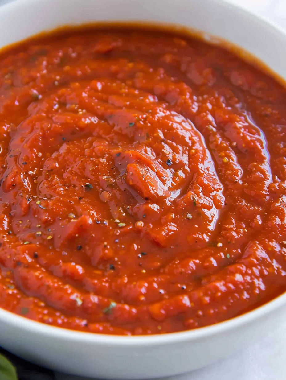 A bowl of red sauce with a spoon in it.