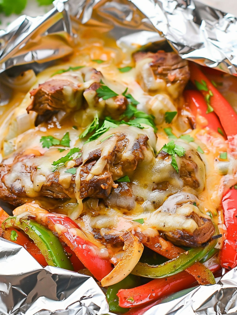 A close up of a delicious keto steak fajita foil packet.