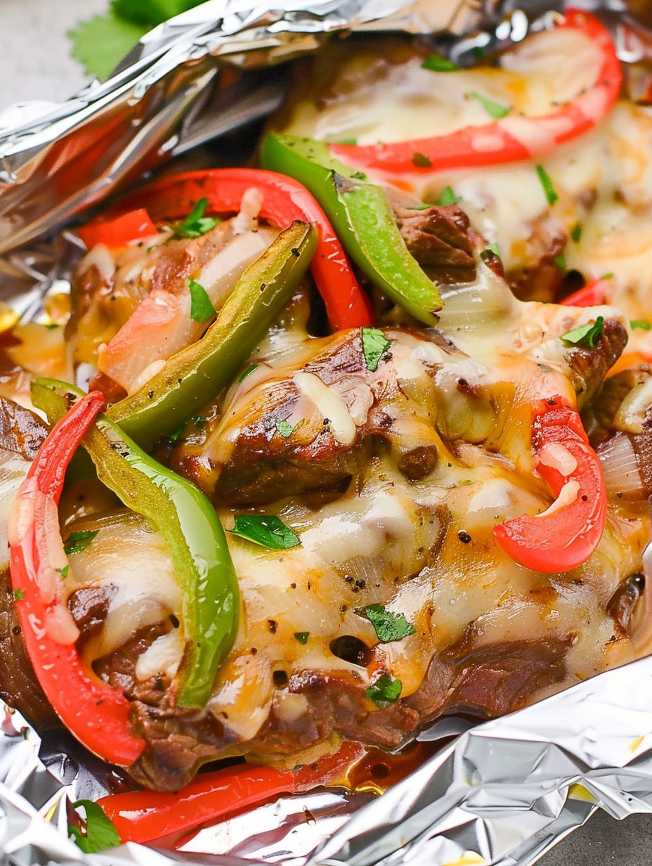 A close up of a delicious keto steak fajita foil packet.